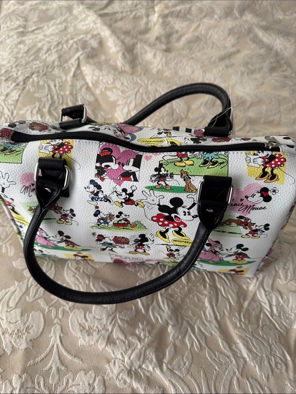 Disney White Satchel with Black Handles and Multi-Color Cartoon Print